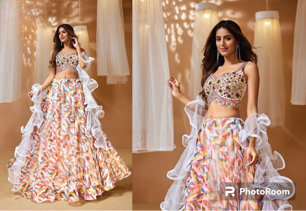 Boutique collection - white and multicoloured floral Lehenga with ruffle dupatta