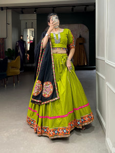 Parrot green pure cotton readymade Lehenga