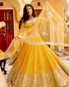 Yellow lightweight paper mirror work Lehenga