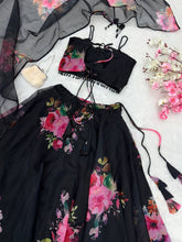 Floral organza silk black Lehenga