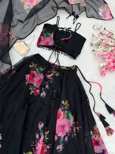 Floral organza silk black Lehenga
