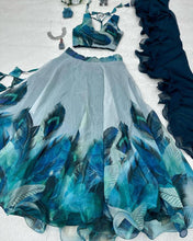 Peacock Feather Print Lehenga Choli Set with Ruffled Dupatta