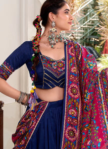 Tussar silk Lehenga with gamthi work readymade in navy blue