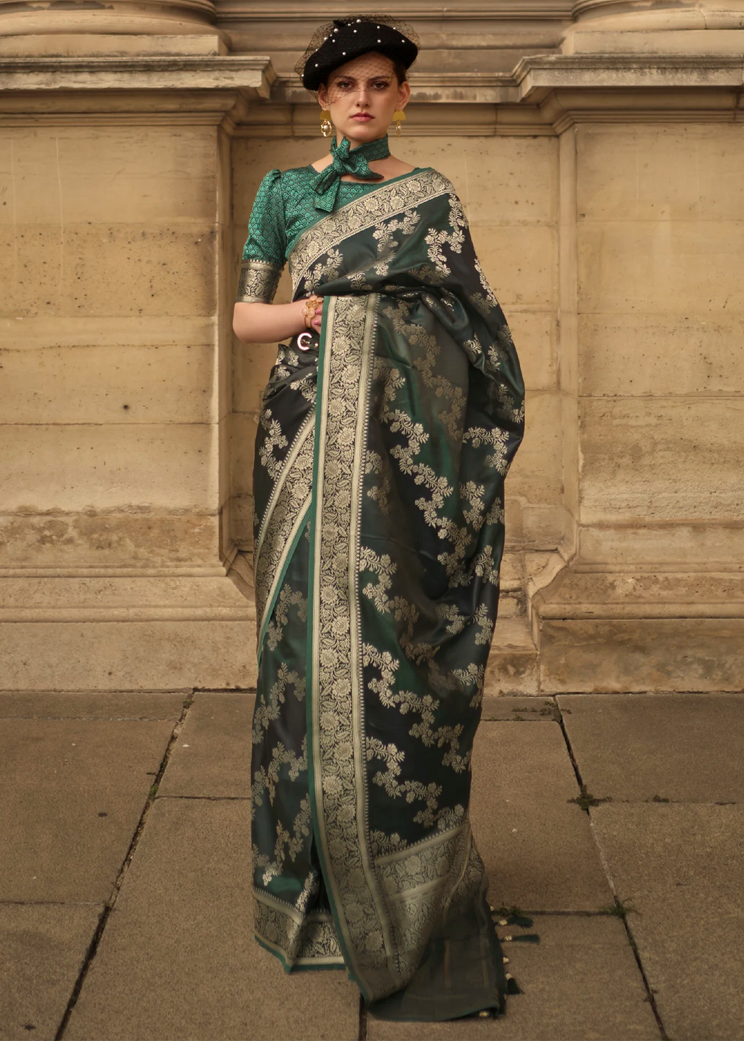 Multicoloured rangkat silk saree in dark green