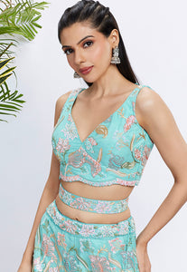 Turquoise blue embroidered floral Lehenga