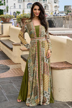 Olive green anarkali with multicolour jacket