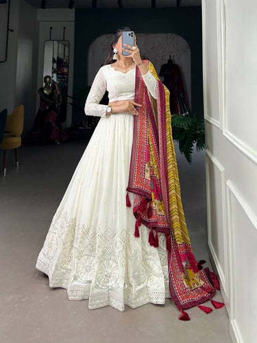 Off white Georgette lucknowi mirror work Lehenga