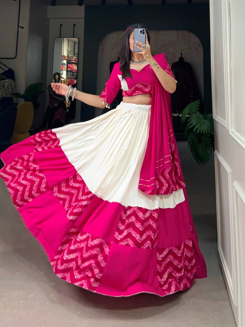 White and pink pure rayon printed chaniya choli readymade