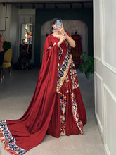Rayon and printed silk Lehenga choli in maroon and blue - readymade