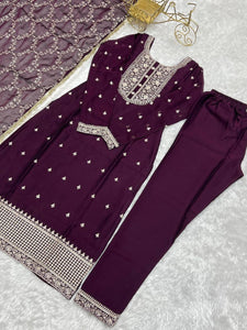 Wine rangoli silk straight fit salwaar kameez readymade