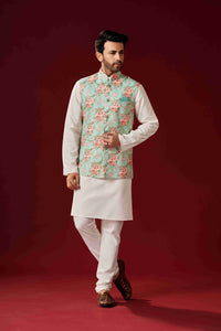 Menswear - mint green floral kurta set