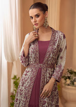Plum purple gown with jacket and belt