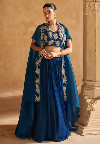 Blue chinon silk Lehenga with jacket