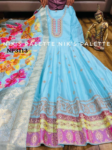Niks - blue modal chanderi silk anarkali (plus size too up to UK 30)