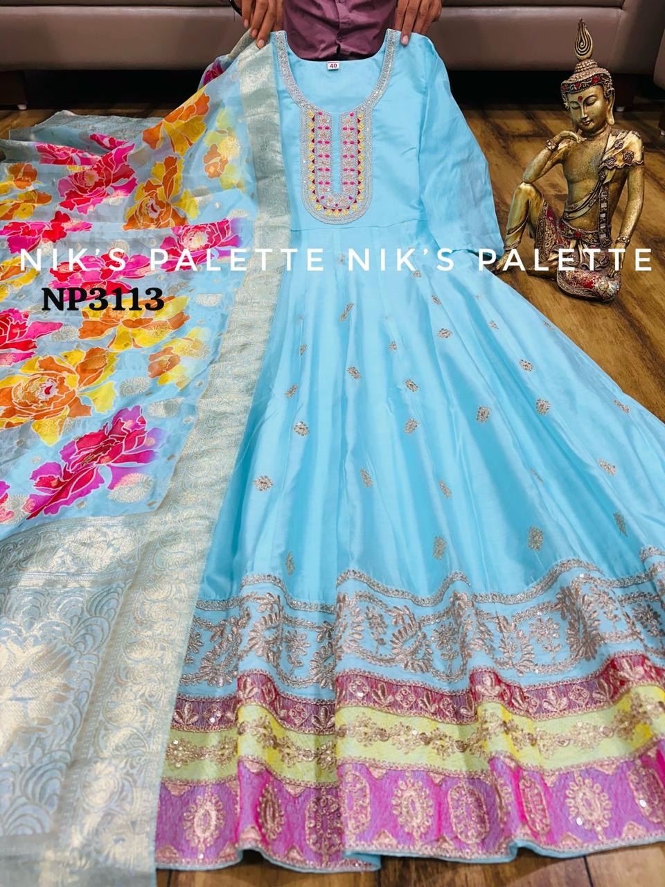 Niks - blue modal chanderi silk anarkali (plus size too up to UK 30)