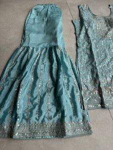 Pastel collection - Aqua blue chine sequins mirror look embroidered sharara set (plus size)