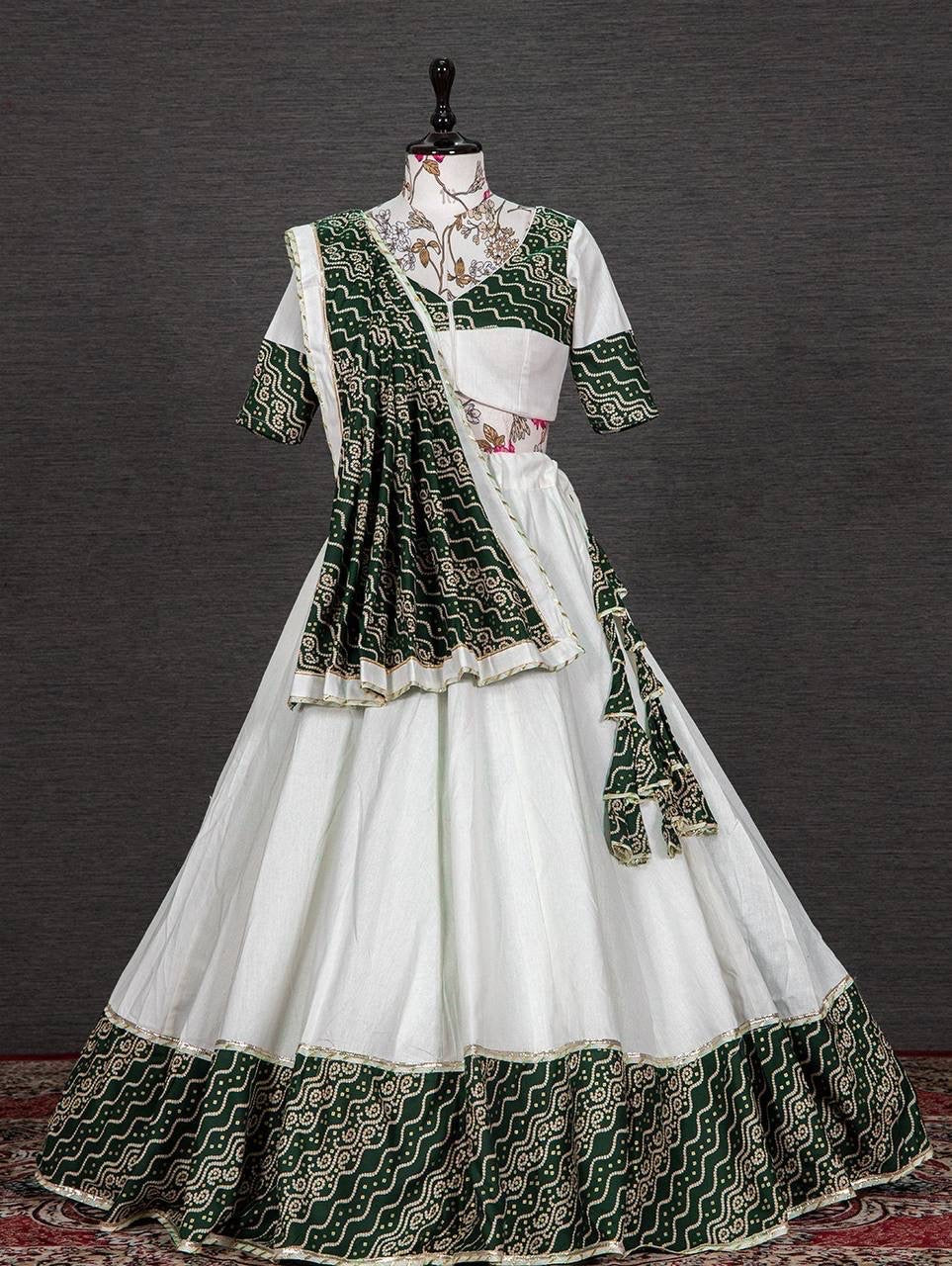 Bandhani and foil printed readymade chaniya choli in green