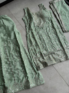 Pastel collection - mint green chine sequins mirror look embroidered sharara set