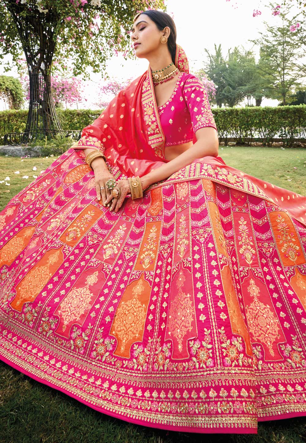 Serenity vol 4 - orange and pink jacquard silk Lehenga