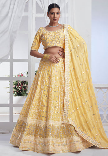 Yellow pure chiffon wedding Lehenga