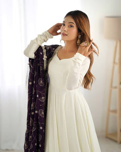 Silk off white gown with dark purple lace dupatta