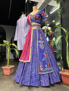 Purple traditional bandhani print readymade Lehenga (matching men’s kurta available)