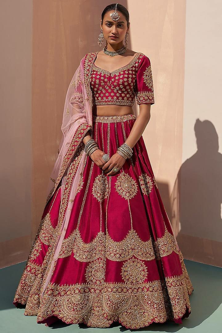 Red and gold drop silk lehenga (comes with 2 dupattas)