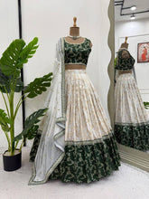 Green and off white jacquard Lehenga
