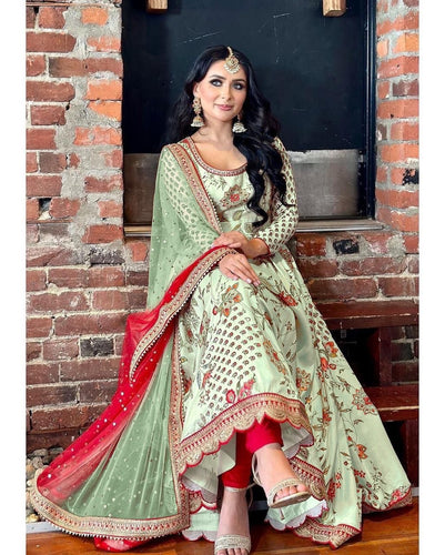 Mint green and red toned florals readymade anarkali