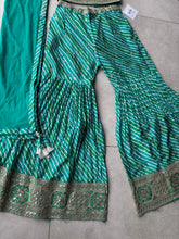 Green leheriya embroidered halter sharara (longer blouse)