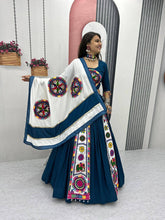 Blue and white pure cotton gamthi work readymade Chaniya Choli