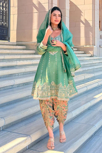 Green frock style with floral tulip pants