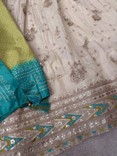 Ivory silk anarkali with green bandhani print dupatta