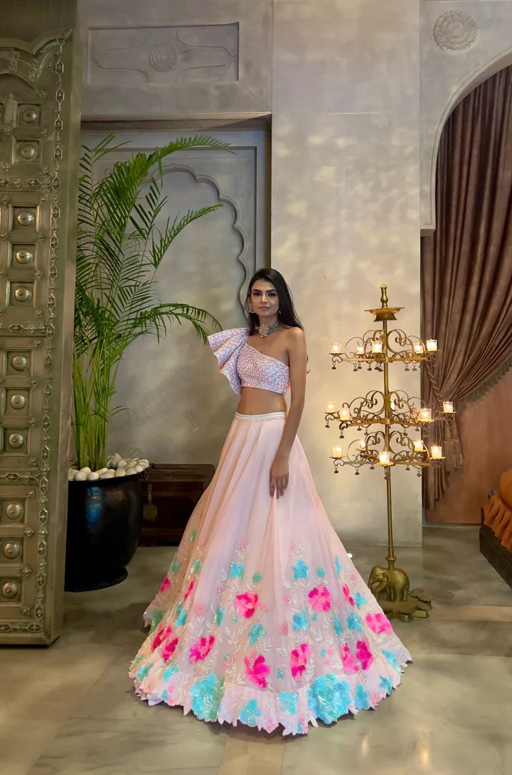 Indo western baby pink floral summery Lehenga with dupatta