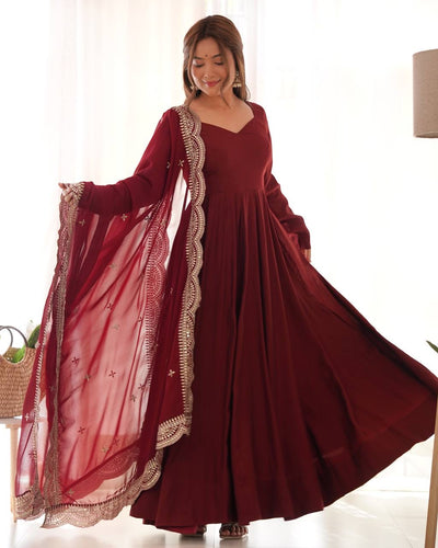 Maroon Roman silk anarkali set readymade