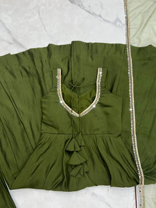 Roman chanderi silk anarkali set in Mehendi green (sleeves available)