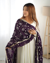 Silk off white gown with dark purple lace dupatta