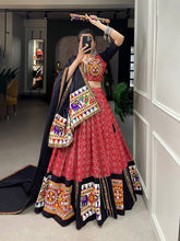 Red printed gamthi work cotton readymade Lehenga