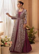 Plum purple gown with jacket and belt