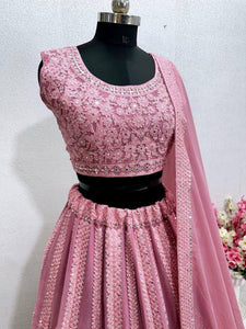 Pink and rose panelled mirror work Lehenga