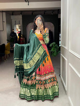 Green bandhani print gaji silk Lehenga (skirt stitched)