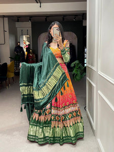 Green bandhani print gaji silk Lehenga (skirt stitched)