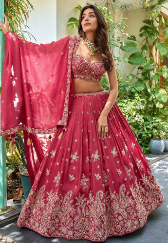 Coral chinon sequins embroidered Lehenga