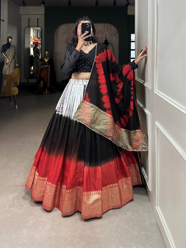 Shibori print black chanderi silk Lehenga