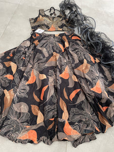 Boutique collection - black and orange floral Lehenga with ruffle dupatta (long sleeves attached)