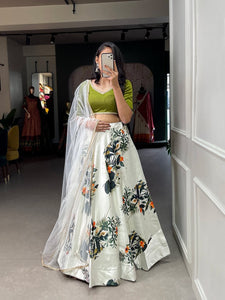 Indo western style - White zari satin digital print Lehenga (light green blouse piece)