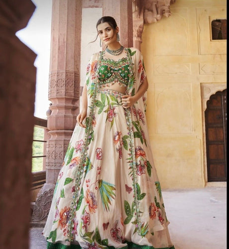 Boutique collection - off white floral and green Lehenga with cape