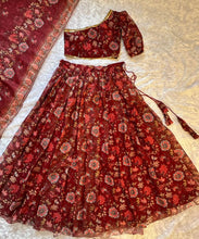 Stylish one shoulder red floral printed lehenga