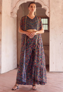 Navy blue printed georgette palazzo with cape readymade