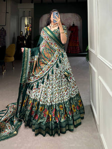 Tussar silk floral print contemporary Lehenga in green (skirt stitched)
